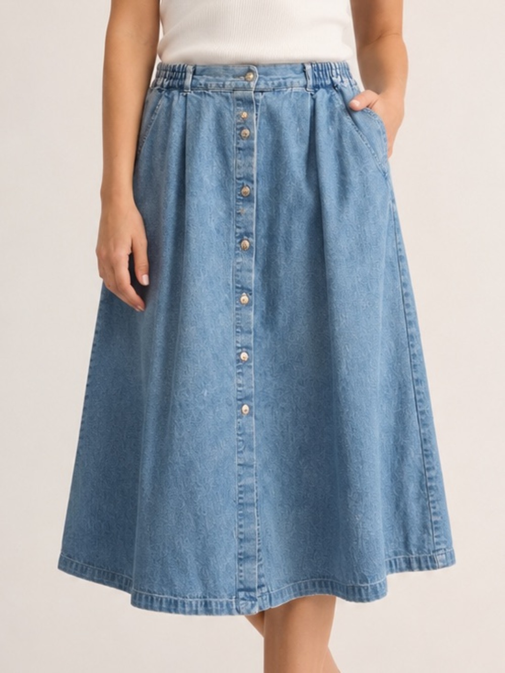 Vintage Tabi International Denim Midi Skirt Size 14 Button Front A-Line Pockets